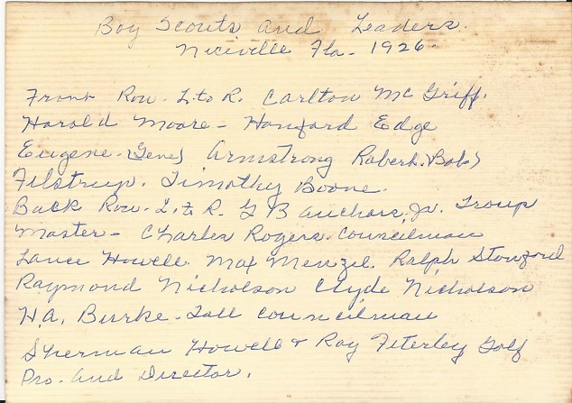 Boy Scouts Niceville, names on back of pictue