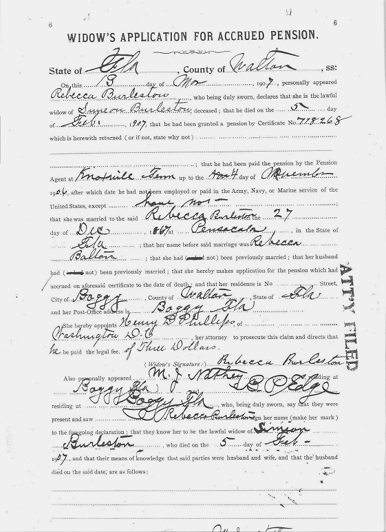 Rebecca Bolton Burleson Widow Pension Application